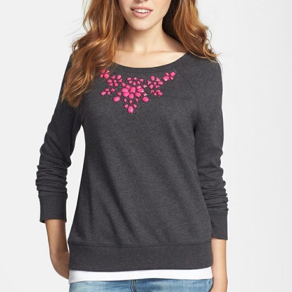 Fresh Gray and Pink Jeweled Neckline Sweater